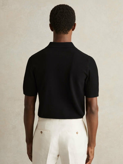 Textured Knit Button-Through Shirt in Black Men | Reiss