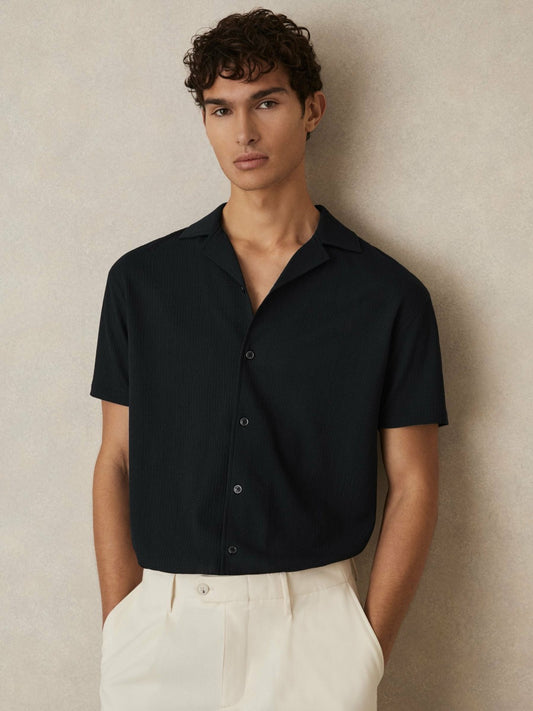 Textured Crepe Cuban Collar Shirt in Navy Men | Reiss