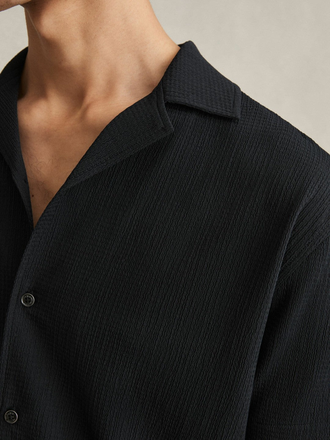 Textured Crepe Cuban Collar Shirt in Navy Men | Reiss