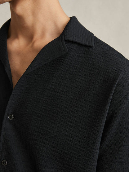 Textured Crepe Cuban Collar Shirt in Navy Men | Reiss