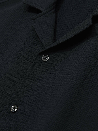 Textured Crepe Cuban Collar Shirt in Navy Men | Reiss