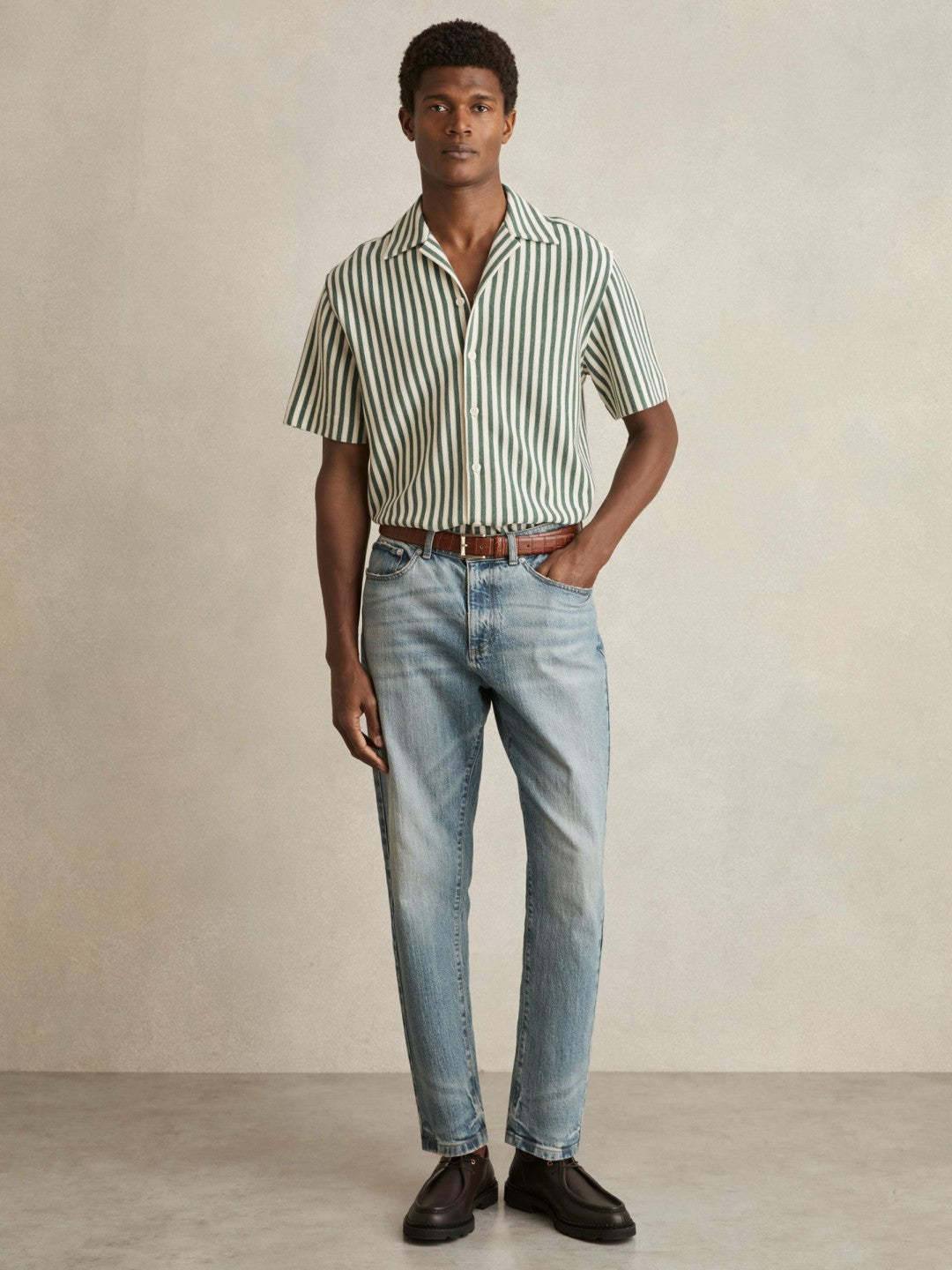 Textured Stripe Cuban-Collar Shirt in Green/White Men | Reiss