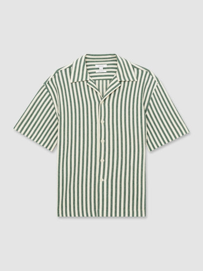 Textured Stripe Cuban-Collar Shirt in Green/White Men | Reiss