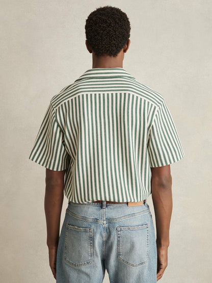 Textured Stripe Cuban-Collar Shirt in Green/White Men | Reiss