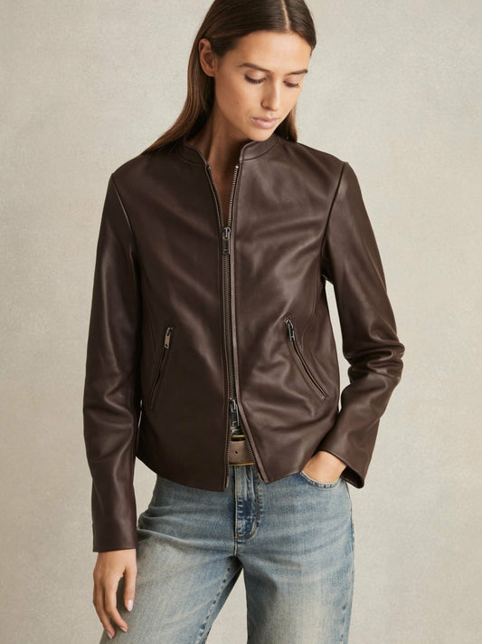 Leather Collarless Biker Jacket in Chocolate Brown Women | Reiss