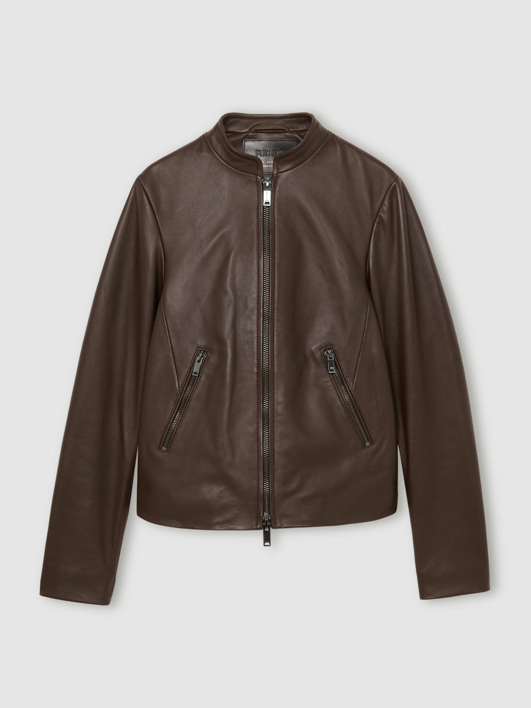 Leather Collarless Biker Jacket in Chocolate Brown Women | Reiss
