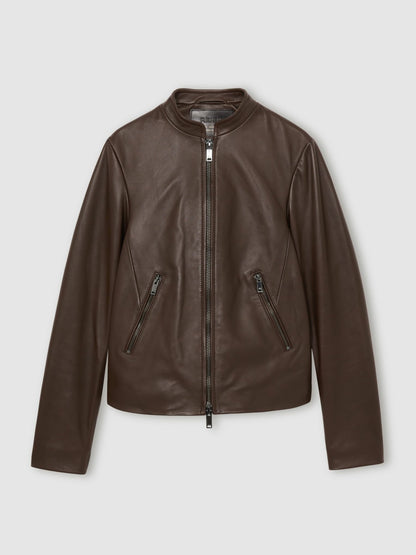 Leather Collarless Biker Jacket in Chocolate Brown Women | Reiss