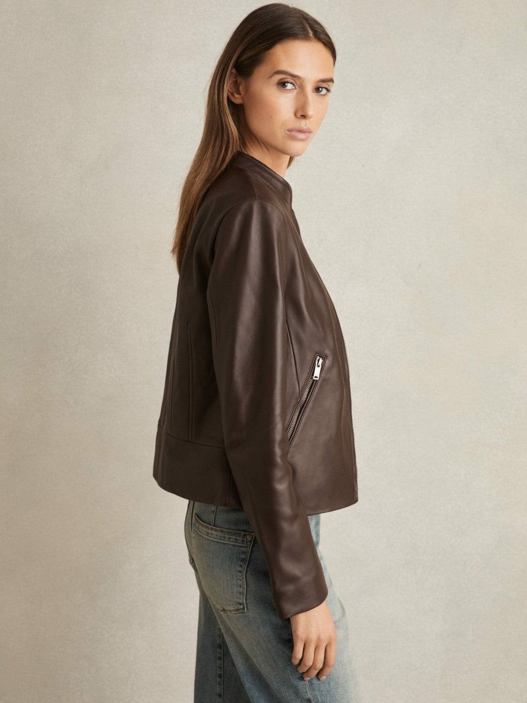 Leather Collarless Biker Jacket in Chocolate Brown Women | Reiss