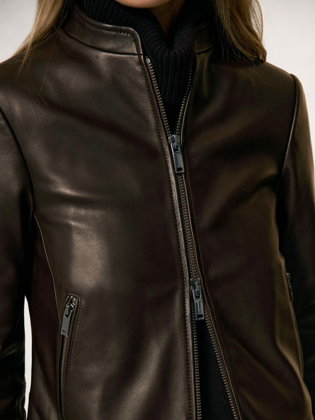 Leather Collarless Biker Jacket in Chocolate Brown Women | Reiss