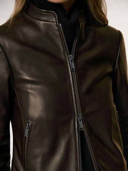 Leather Collarless Biker Jacket in Chocolate Brown Women | Reiss