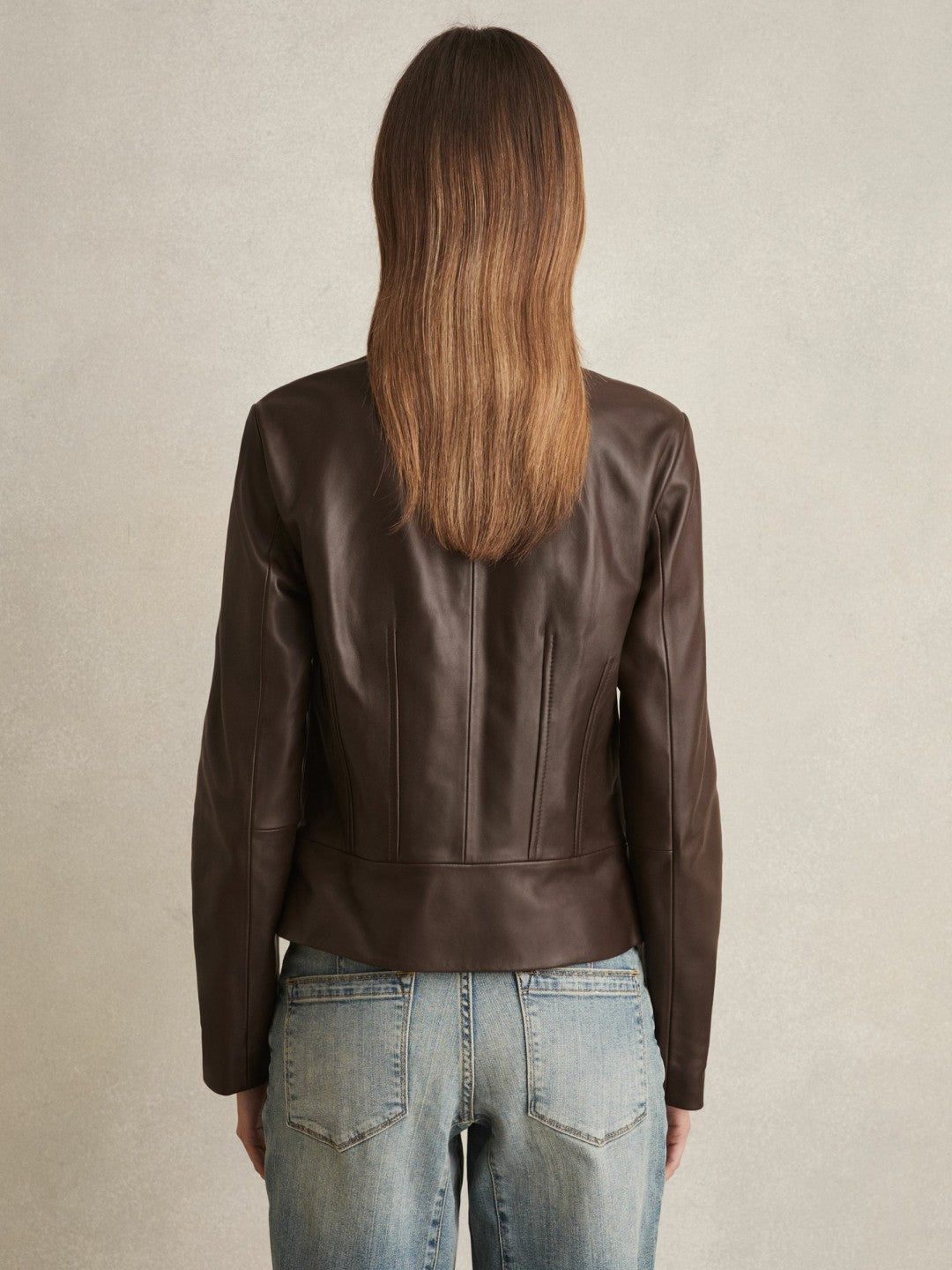 Leather Collarless Biker Jacket in Chocolate Brown Women | Reiss