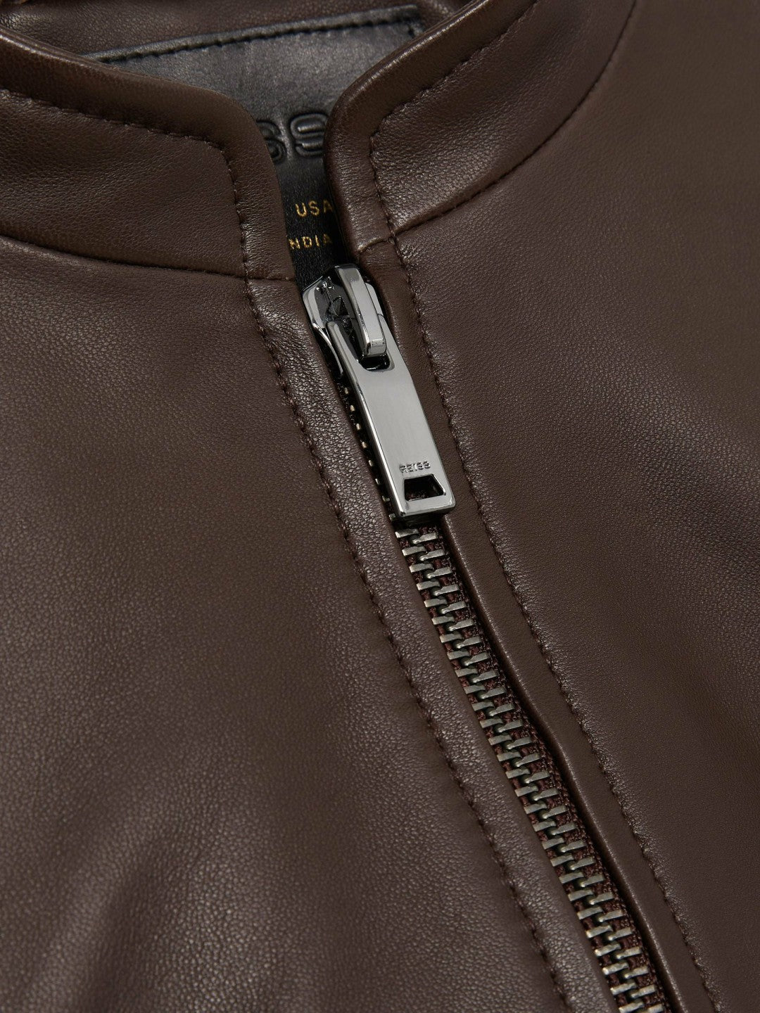 Leather Collarless Biker Jacket in Chocolate Brown Women | Reiss