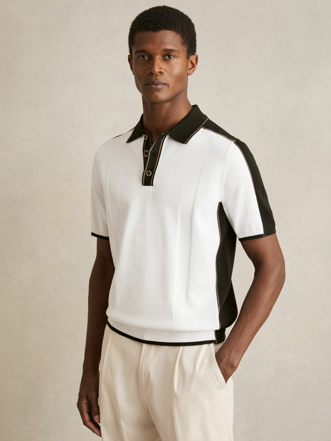 Colour-Block Knit Polo Shirt in Optic White/Green Men | Reiss