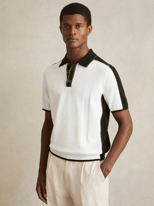 Colour-Block Knit Polo Shirt in Optic White/Green Men | Reiss