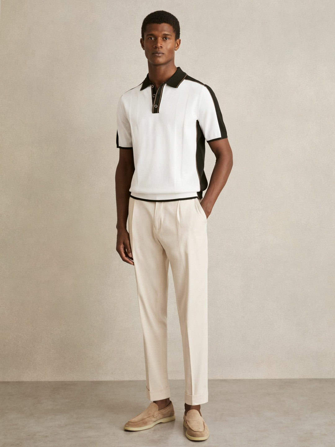Colour-Block Knit Polo Shirt in Optic White/Green Men | Reiss