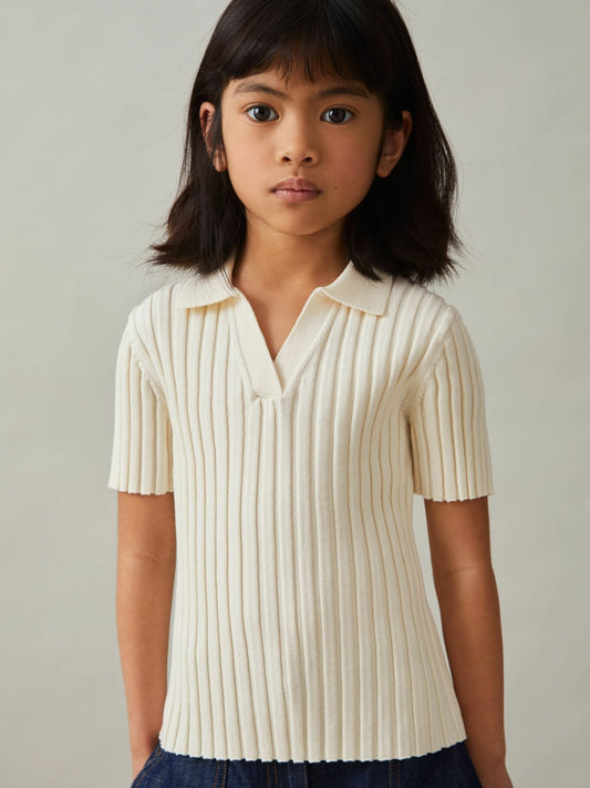 9-13 yrs Rib-Knit Polo Top in Ivory Children & Baby | Reiss