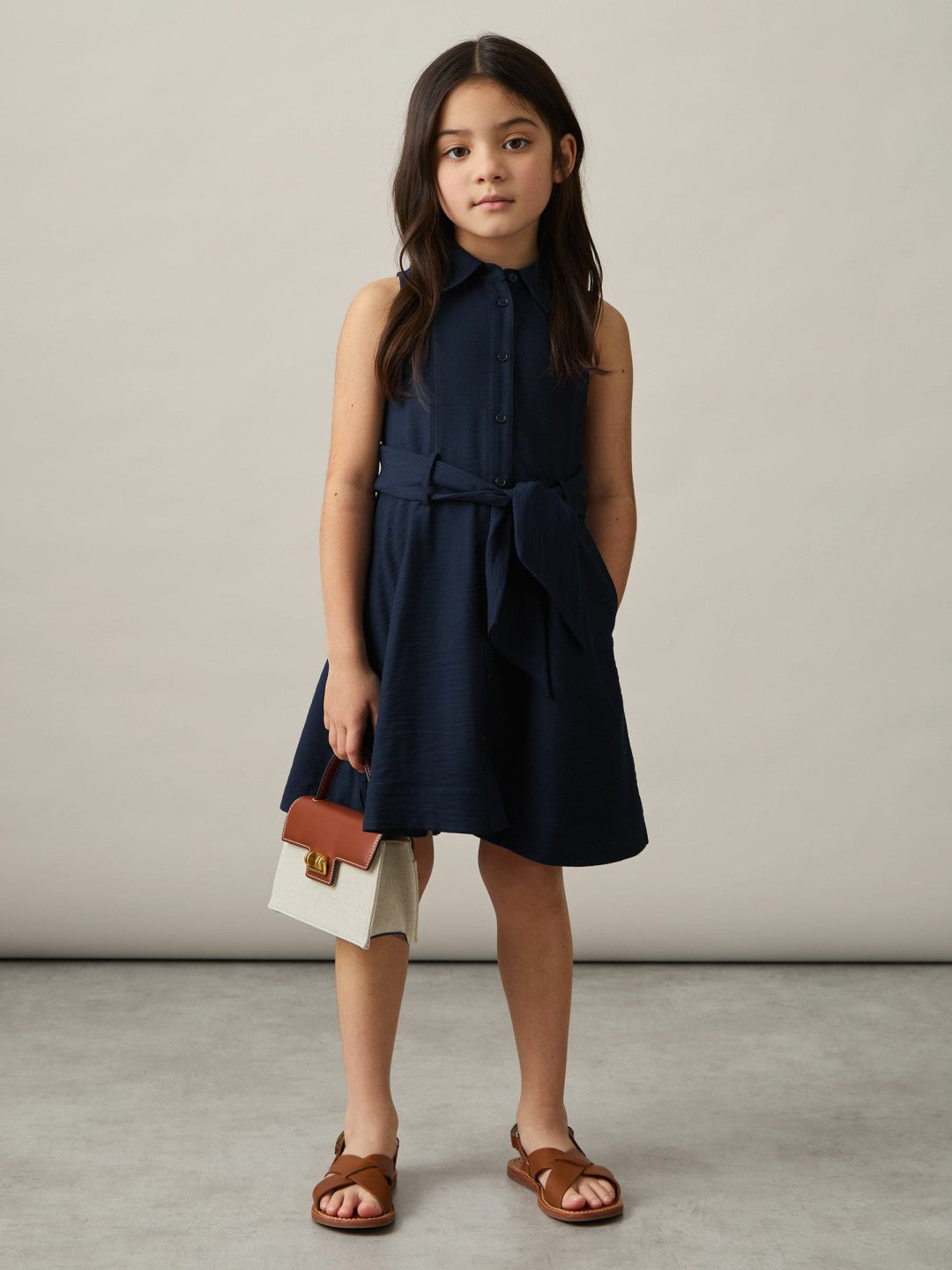 9-13 yrs Tie-Waist Collared Dress in Blue Children & Baby | Reiss