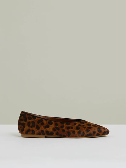 Leather Rounded-Point Toe Ballet Flats in Animal Women | Reiss