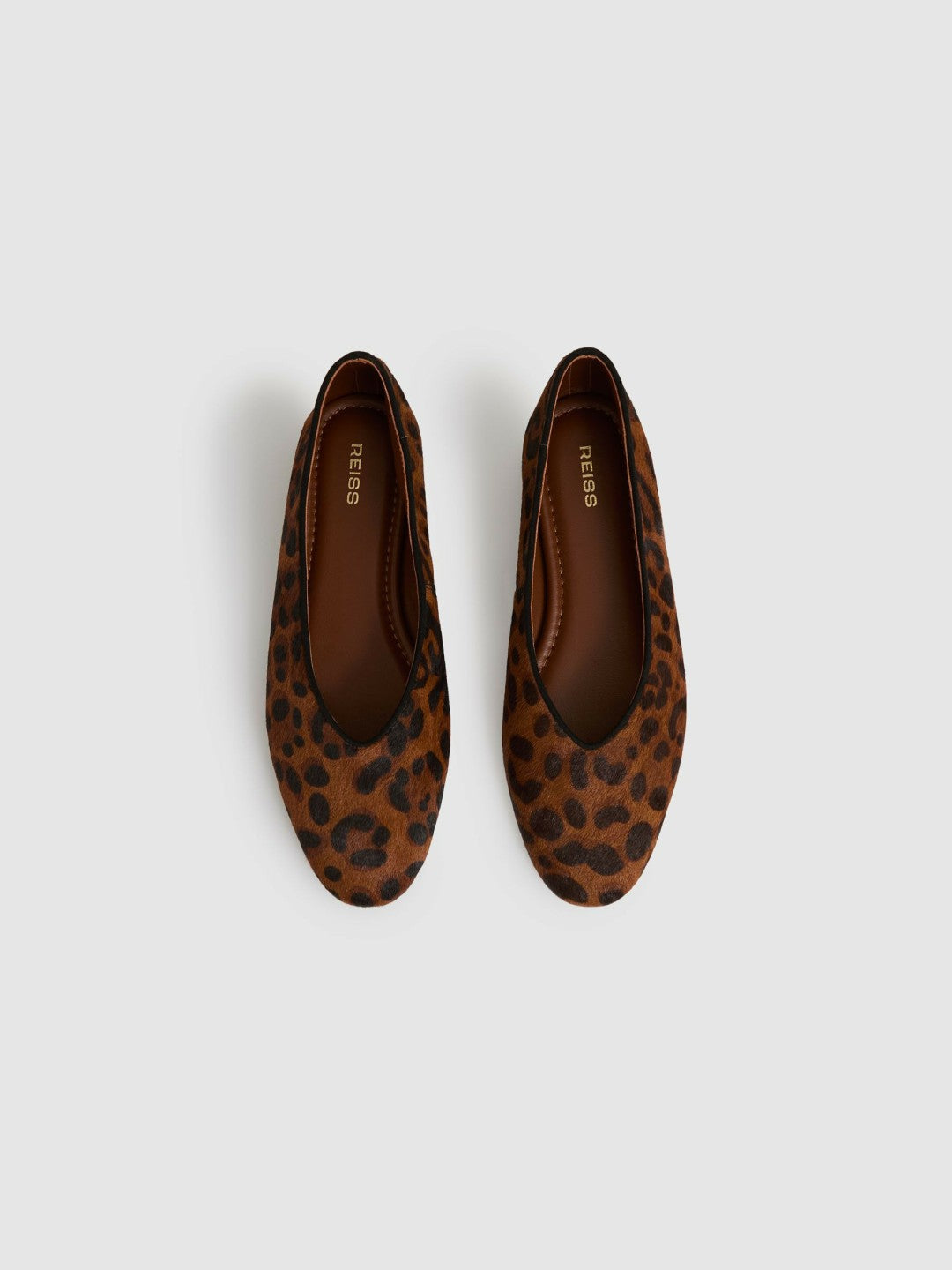 Leather Rounded-Point Toe Ballet Flats in Animal Women | Reiss
