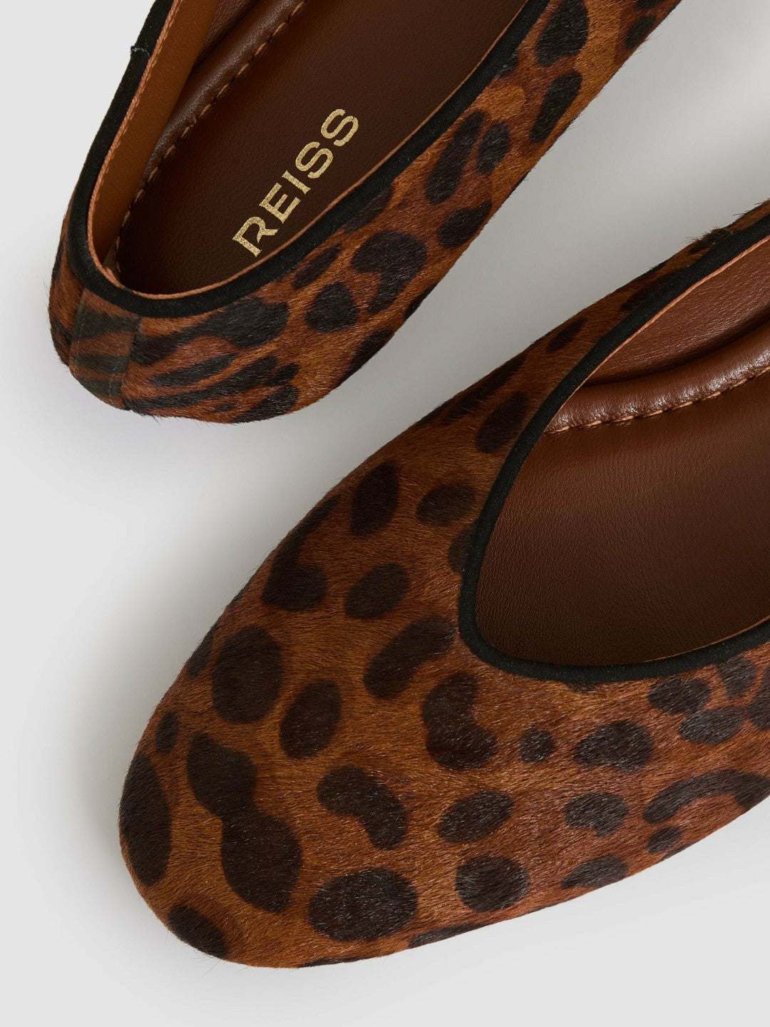 Leather Rounded-Point Toe Ballet Flats in Animal Women | Reiss