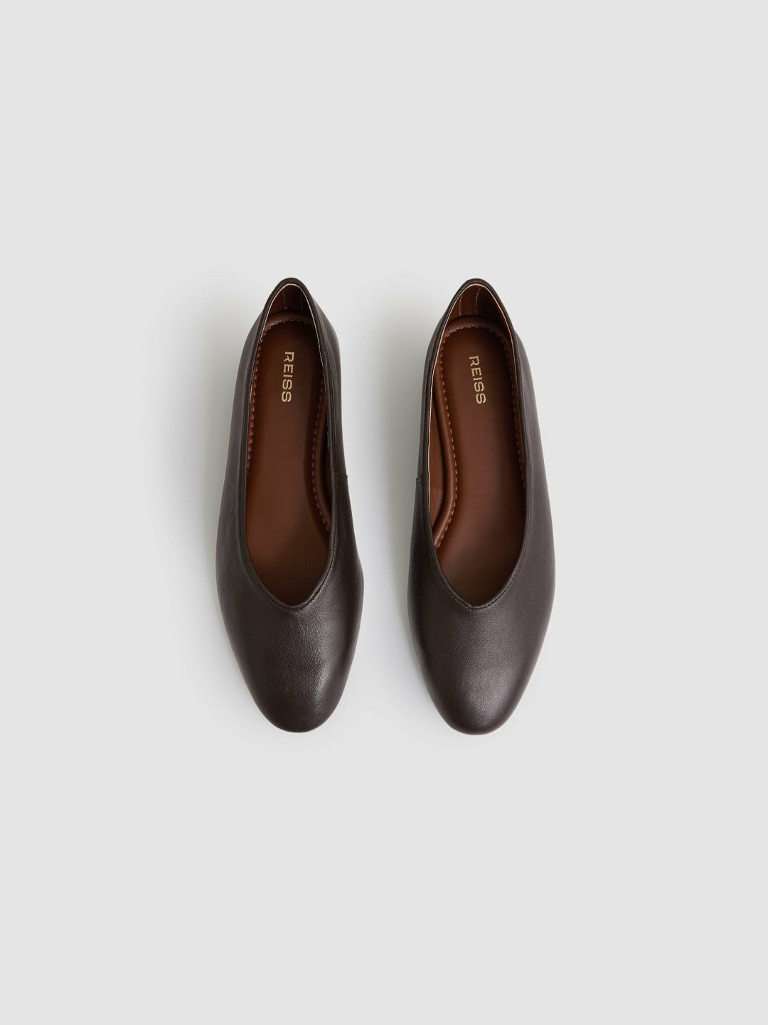 Leather Rounded-Point Toe Ballet Flats in Chocolate Women | Reiss