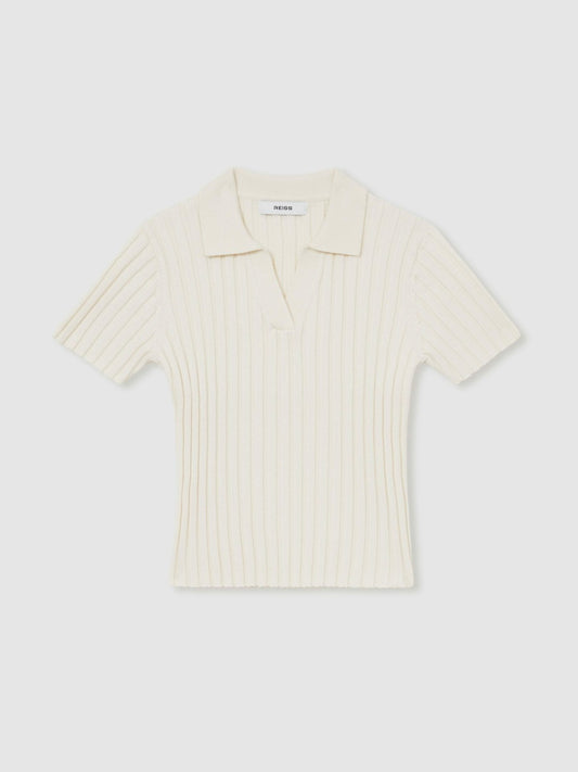 13-14 yrs Rib-Knit Polo Top in Ivory Children & Baby | Reiss