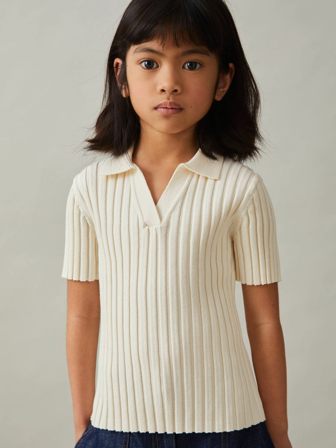 13-14 yrs Rib-Knit Polo Top in Ivory Children & Baby | Reiss