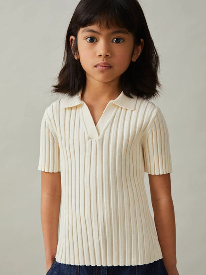 13-14 yrs Rib-Knit Polo Top in Ivory Children & Baby | Reiss