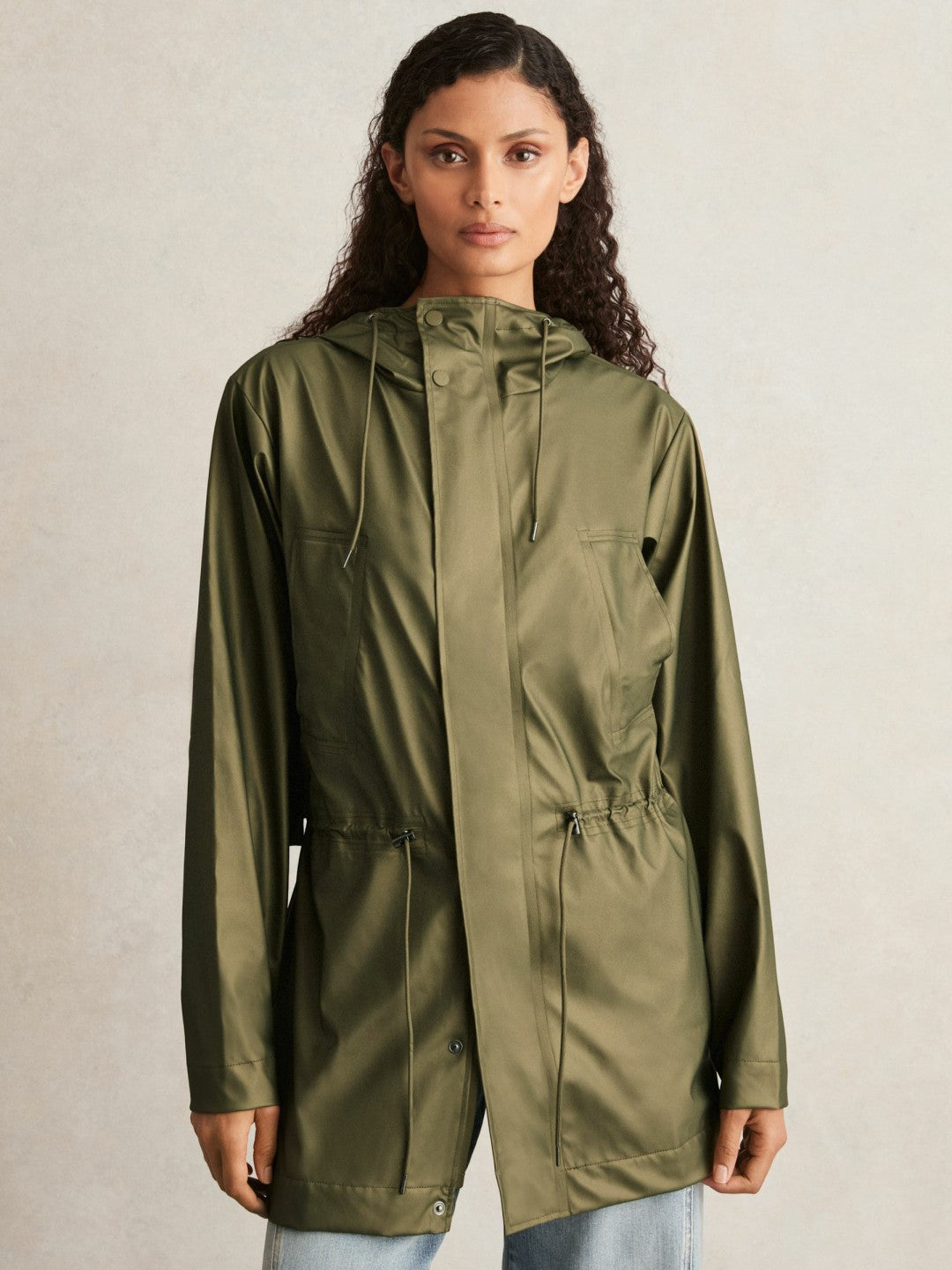Rains Long Hooded Jacket in Revel Brass Green Women | Reiss