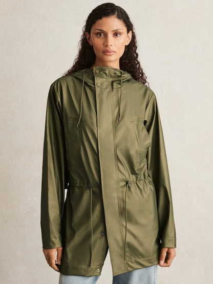 Rains Long Hooded Jacket in Revel Brass Green Women | Reiss