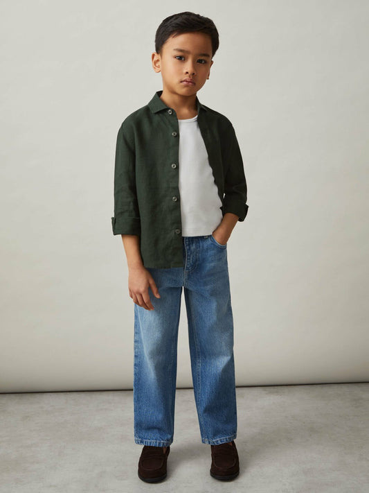 3-9 yrs Linen Cutaway Collar Shirt in Dark Green Children & Baby | Reiss