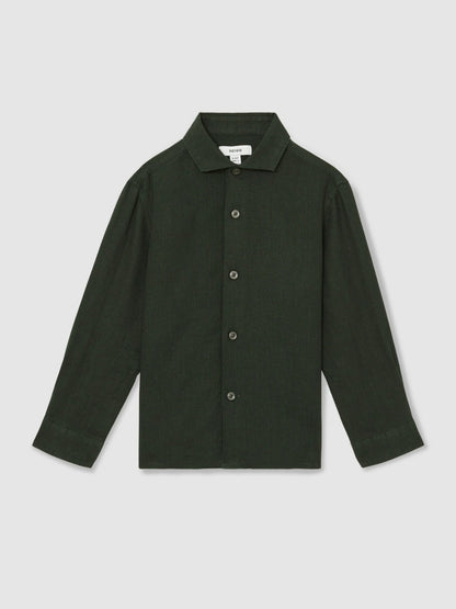 3-9 yrs Linen Cutaway Collar Shirt in Dark Green Children & Baby | Reiss