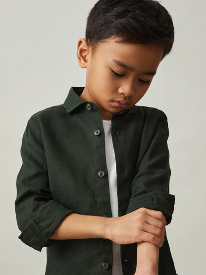 3-9 yrs Linen Cutaway Collar Shirt in Dark Green Children & Baby | Reiss