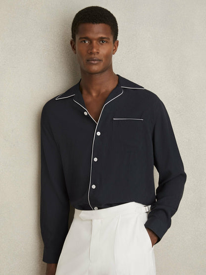 Cuban Collar Shirt with Piping Detail Shirt in Navy Men | Reiss
