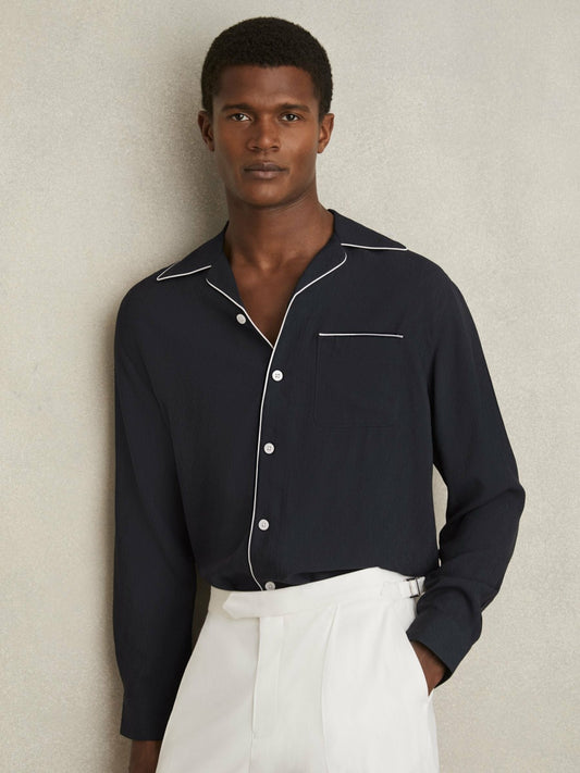 Cuban Collar Shirt with Piping Detail Shirt in Navy Men | Reiss