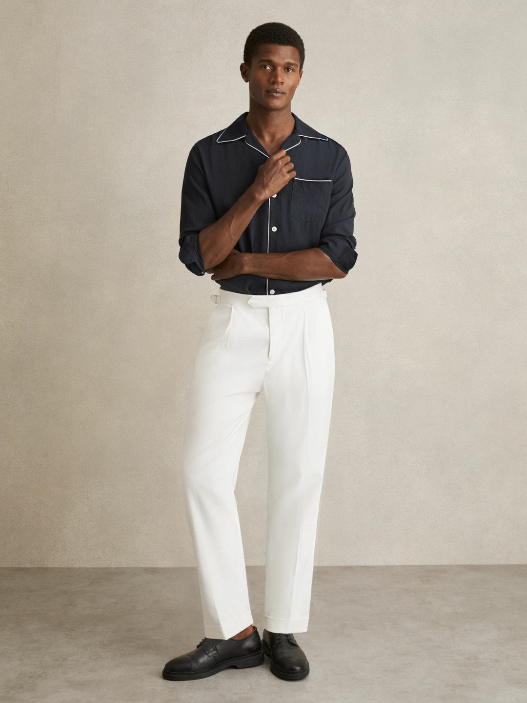 Cuban Collar Shirt with Piping Detail Shirt in Navy Men | Reiss