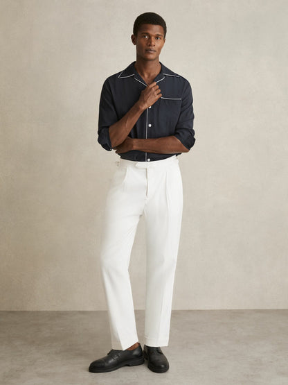 Cuban Collar Shirt with Piping Detail Shirt in Navy Men | Reiss