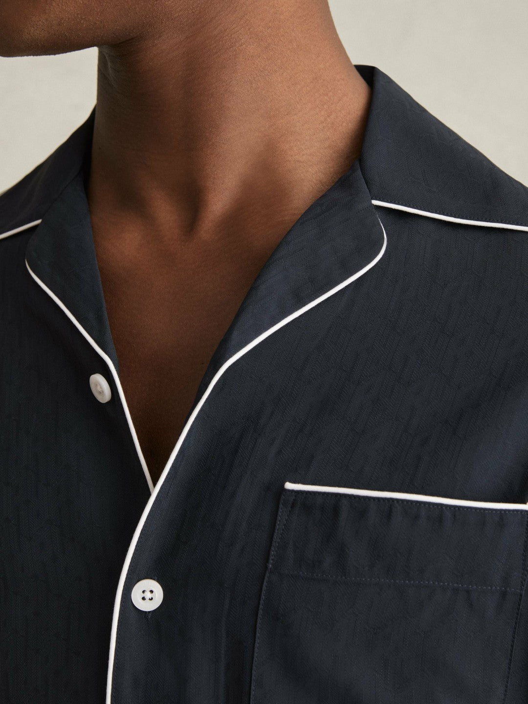Cuban Collar Shirt with Piping Detail Shirt in Navy Men | Reiss