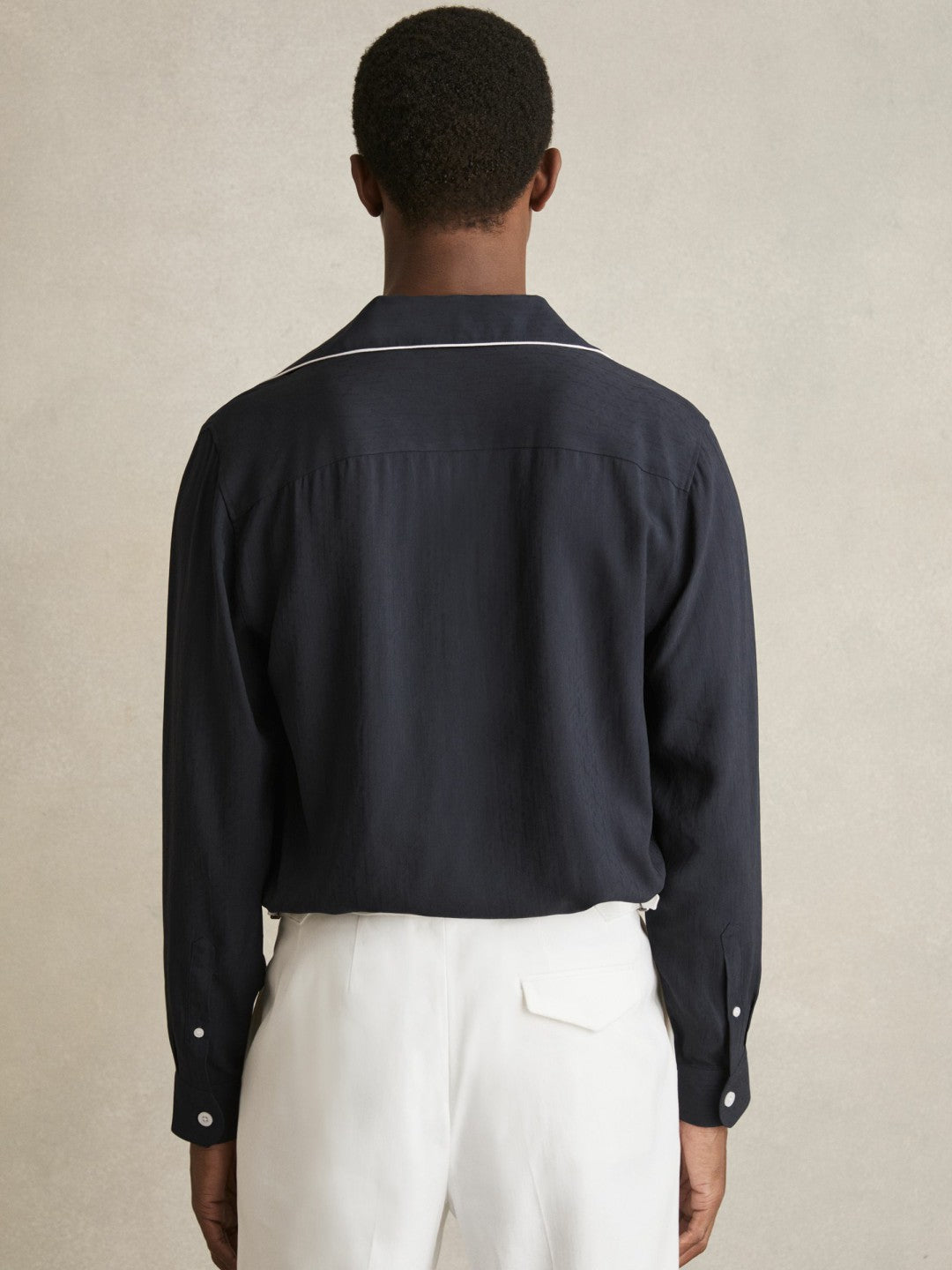 Cuban Collar Shirt with Piping Detail Shirt in Navy Men | Reiss