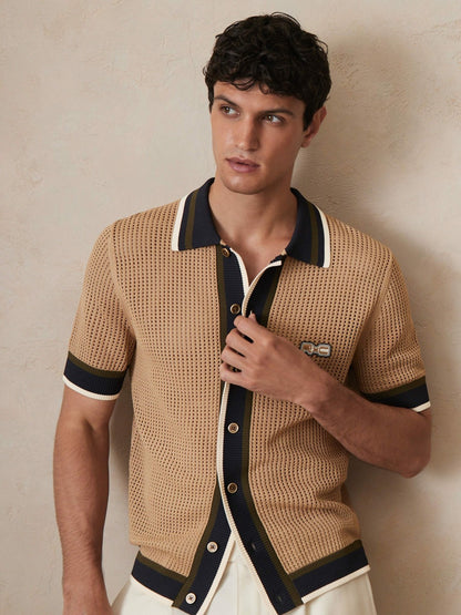 | Ché Crochet Tipped Shirt in Camel Men | Reiss