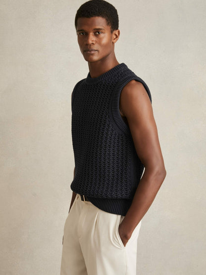 Cotton-Blend Crochet Vest in Navy Men | Reiss