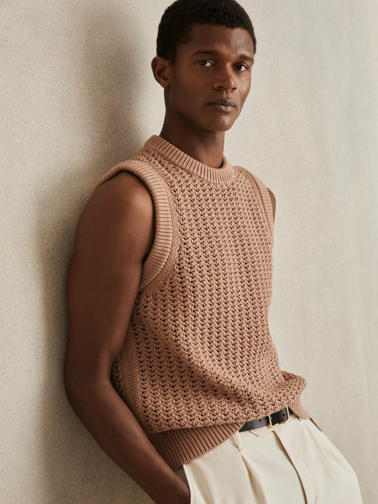Cotton-Blend Crochet Vest in Soft Camel Men | Reiss