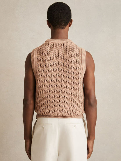 Cotton-Blend Crochet Vest in Soft Camel Men | Reiss
