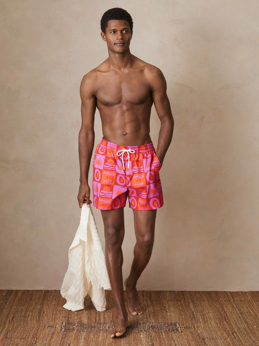 | Ché Sunset-Print Swim Shorts in Orange/Pink Men | Reiss