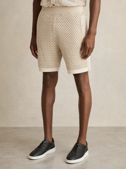Cotton-Blend Crochet Shorts in Taupe/Off White Men | Reiss