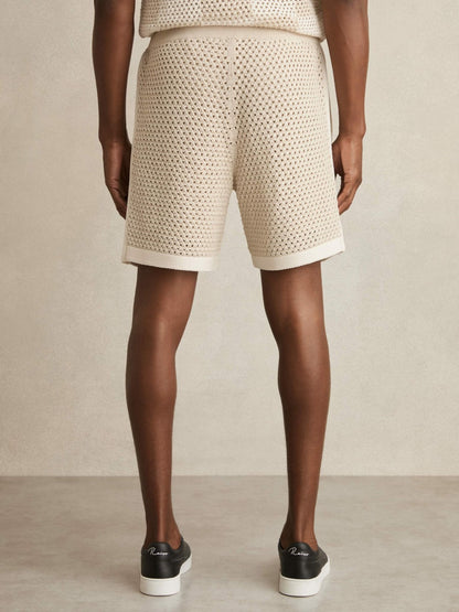 Cotton-Blend Crochet Shorts in Taupe/Off White Men | Reiss