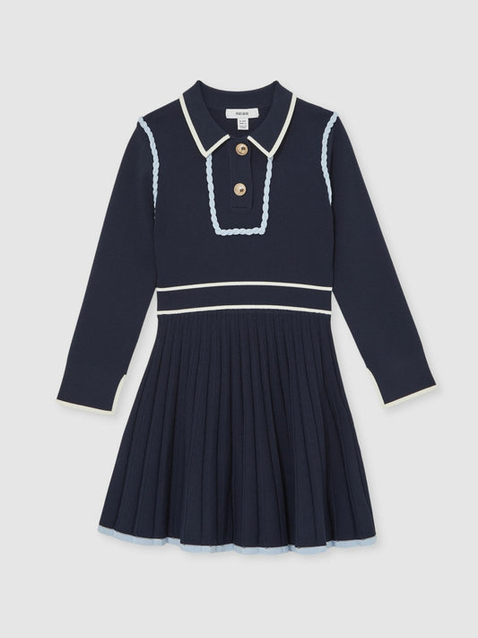13-14 yrs Piped Knitted Skater Dress in Navy Children & Baby | Reiss