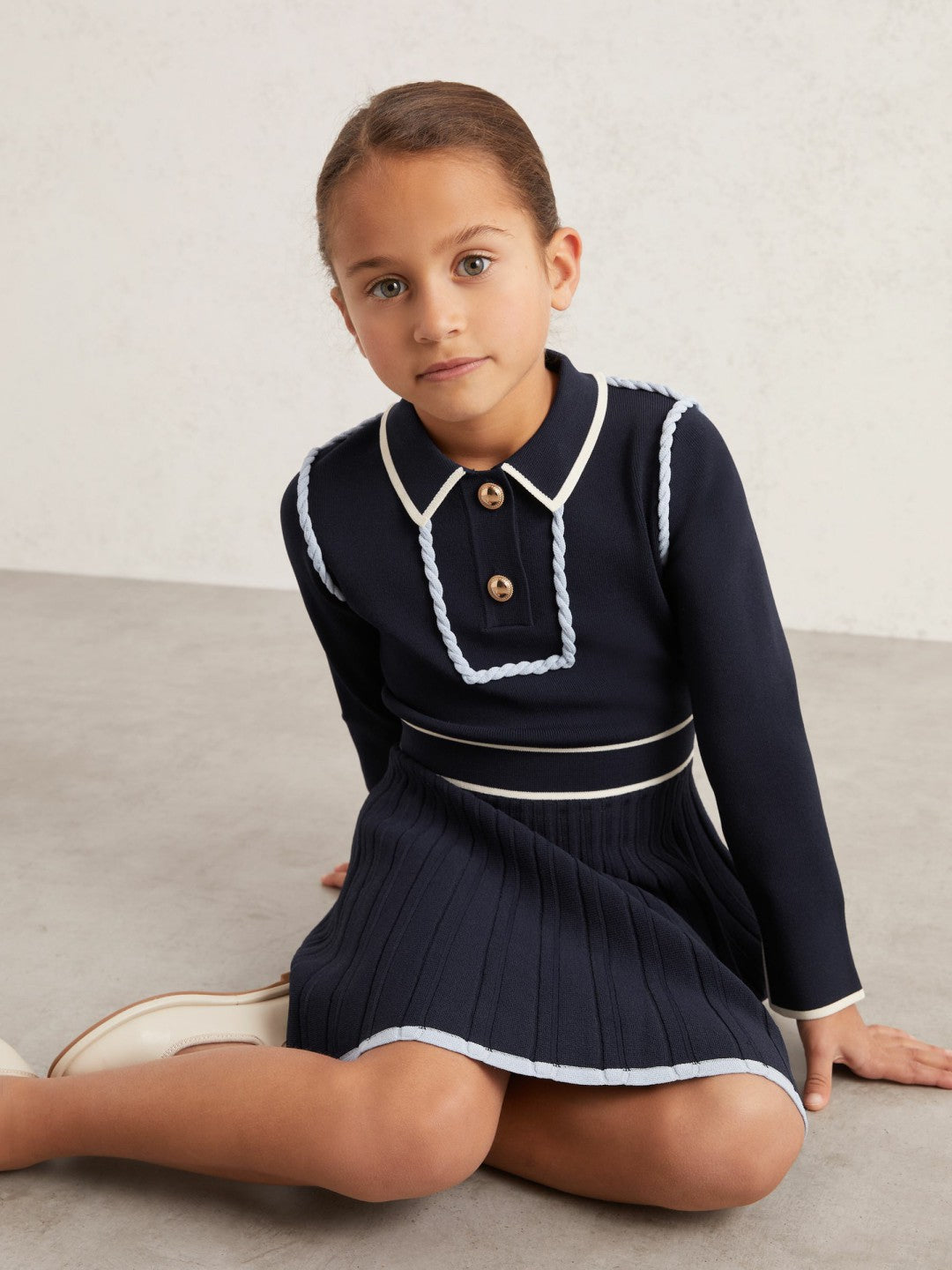 9-13 yrs Piped Knitted Skater Dress in Navy Children & Baby | Reiss