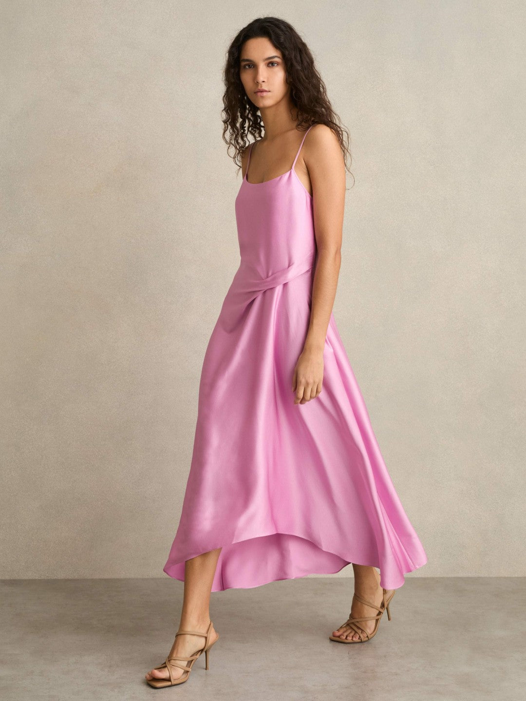 Satin Drape-Detail Slip Dress in Pink Women | Reiss