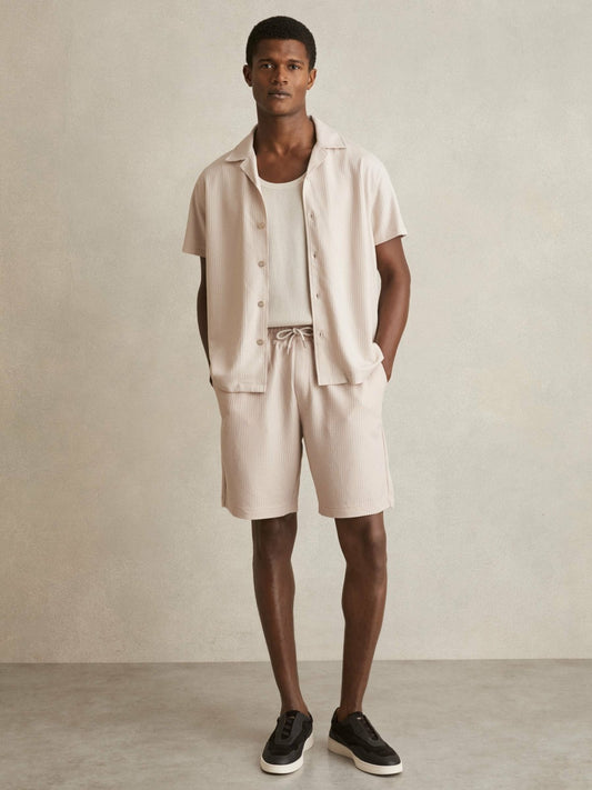 Textured-Knit Cuban-Collar Shirt in Champagne Men | Reiss